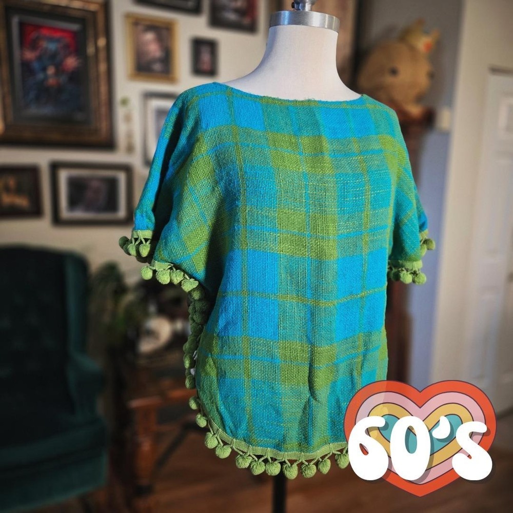 Aladdin Plaid Poncho Vintage 60s Top Blue Green Pom Pom Trim Boho Woven Blouse